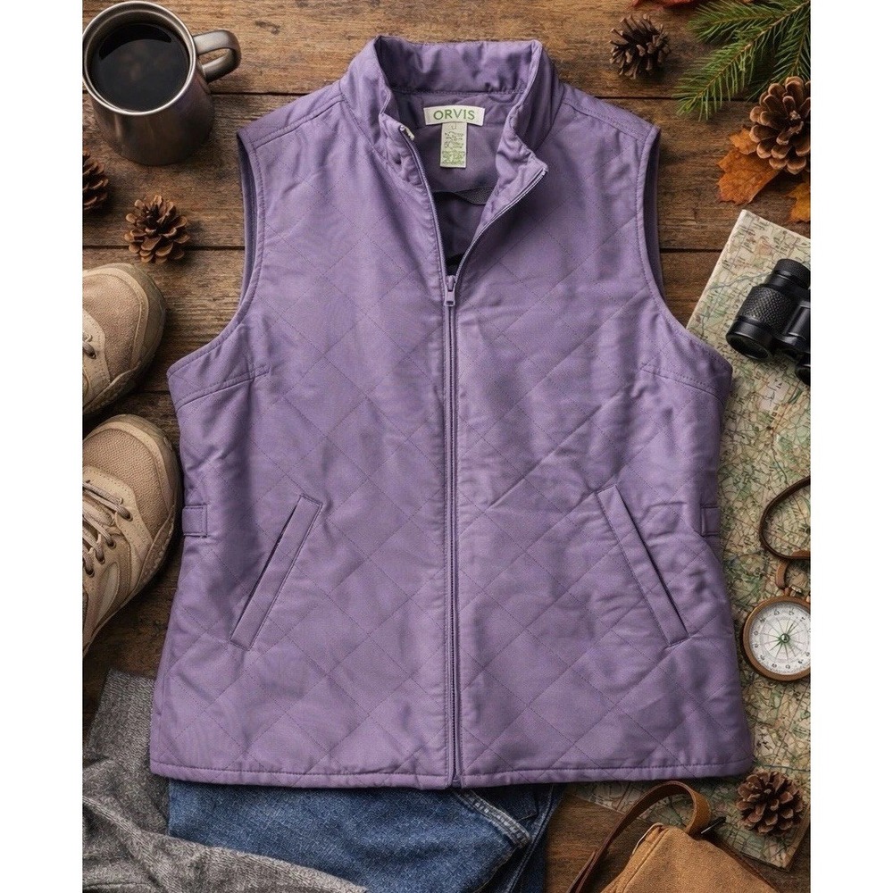 Orvis Quilted Vest Women LP Purple Diamond Stitch Full Zip Side Buckle